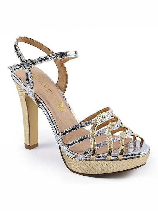 Azarey Platform Leather Women's Sandals Gold/Silver with Thin High Heel