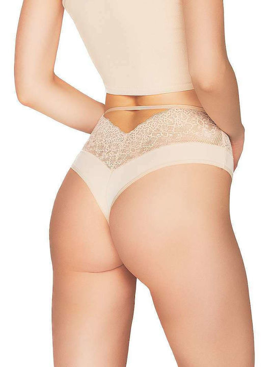 Babell High-waisted Women's String with Lace Beige