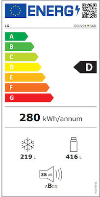 LG GSLV91MBAD Ψυγείο Ντουλάπα 635lt NoFrost Υ179xΠ91.3xΒ73.5εκ. Inox