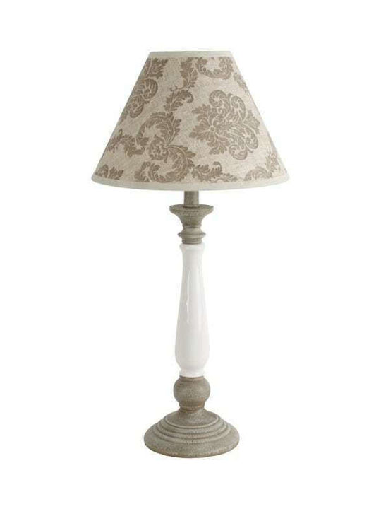 Inart Wood Table Lamp for Socket E27 with Beige Shade and White Base