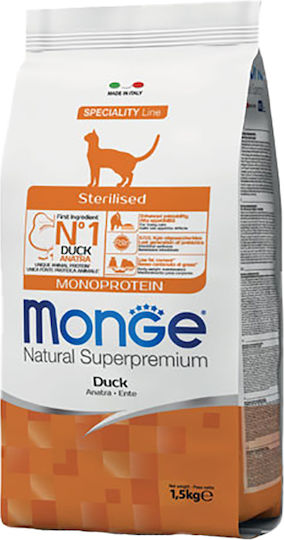 Monge Natural Superpremium Sterilised Dry Food for Adult Sterilized Cats with Duck 10kg