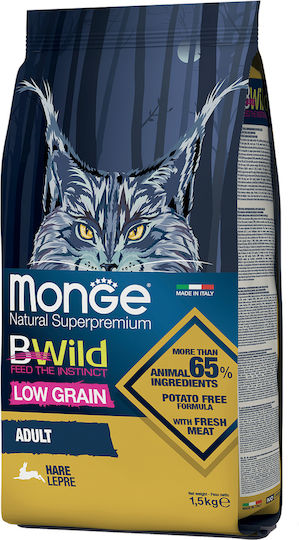 Monge Bwild Adult Low Grain Ξηρά Τροφή για Ενήλικες Γάτες με Λαγό 1.5kg