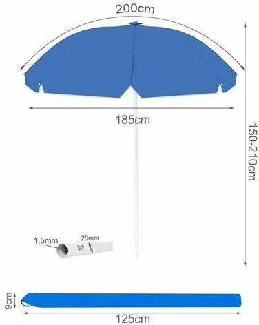 Malatec Faltbar Strandsonnenschirm Durchmesser 2m mit UV Schutz Blue Diameter