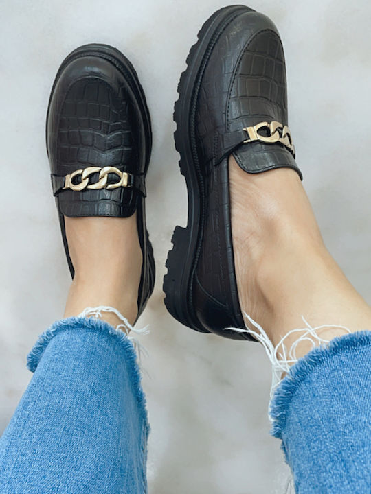 Leder Damen Mokassins Black Croco