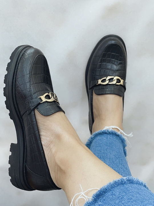Leder Damen Mokassins Black Croco
