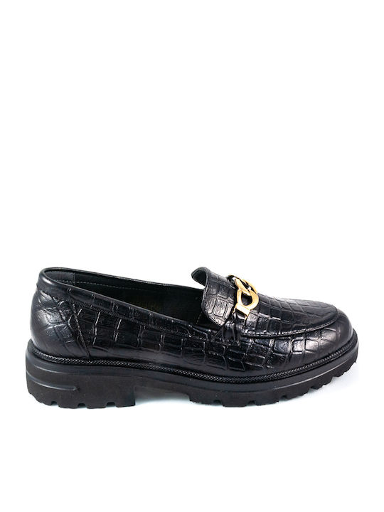 Leder Damen Mokassins Black Croco