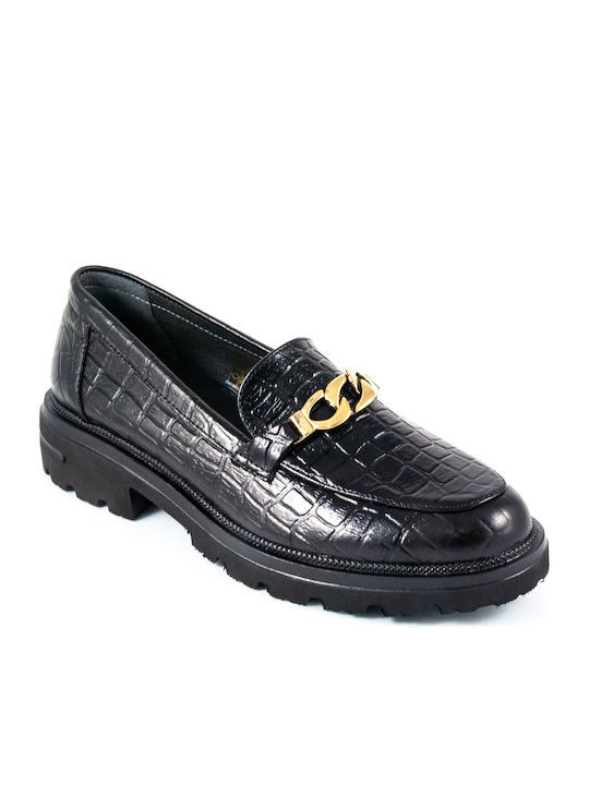 Leder Damen Mokassins Black Croco