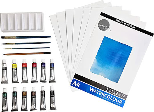 Daler Rowney Watercolour Set Malsets Aquarell-Set 12x12ml / 3 Pinsel / 8 Papiere / 1 Zeichenstift / 1 Palette 31x23cm 25Stück