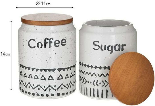 Inart Set of 2pcs Jars for Sugar / Coffee with Lid made of Porcelain White-Black Inart Set of 2pcs Jars for Sugar / Coffee with Lid made of Porcelain White-Black