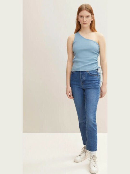 One Shoulder Light Blue Women's Summer Blouse with One Shoulder Light Blue