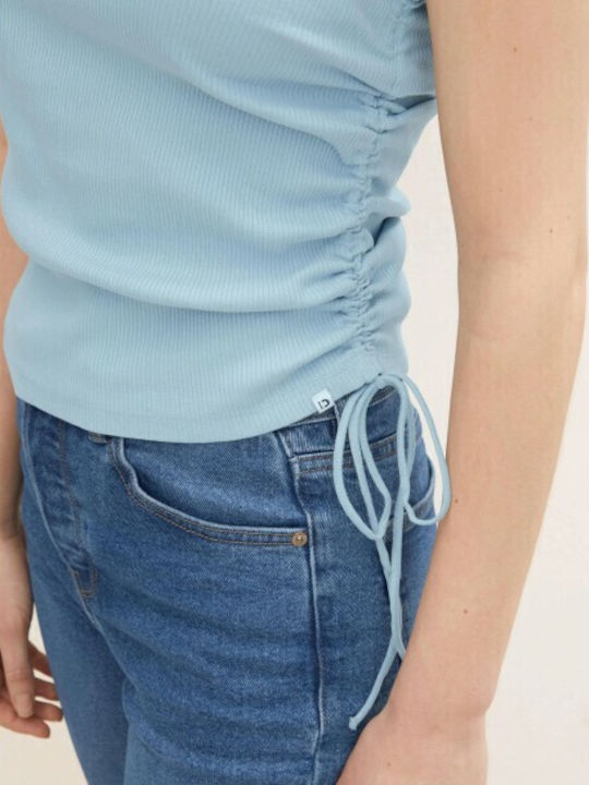 One Shoulder Light Blue Women's Summer Blouse with One Shoulder Light Blue