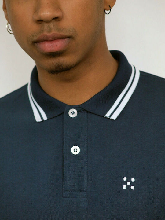 Hoodloom Polo Pique with Short Sleeve & Striped Collar & Logo Embr. - Dark Blue