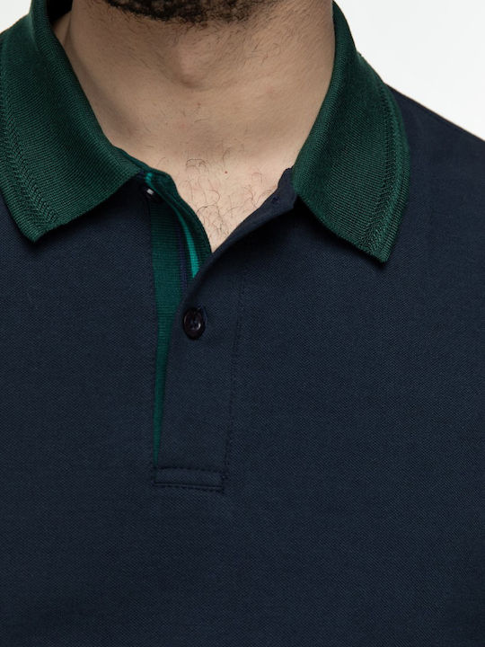 Snta Polo Pique with Long Sleeve & Contrast Green Collar - Blue Navy