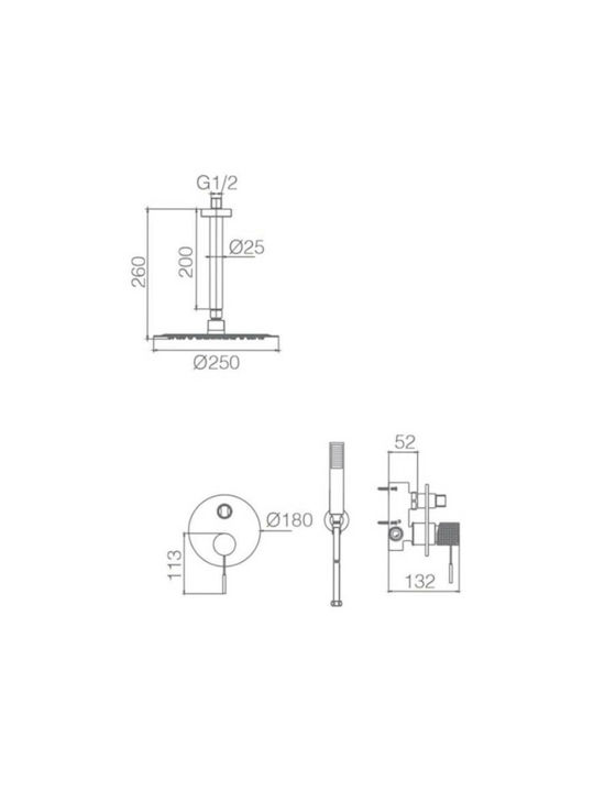 Imex Top Built-In Showerhead Set with 2 Exits Inox Black Matt