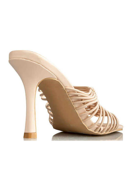 Leather Mules with Thin High Heel in Beige Color