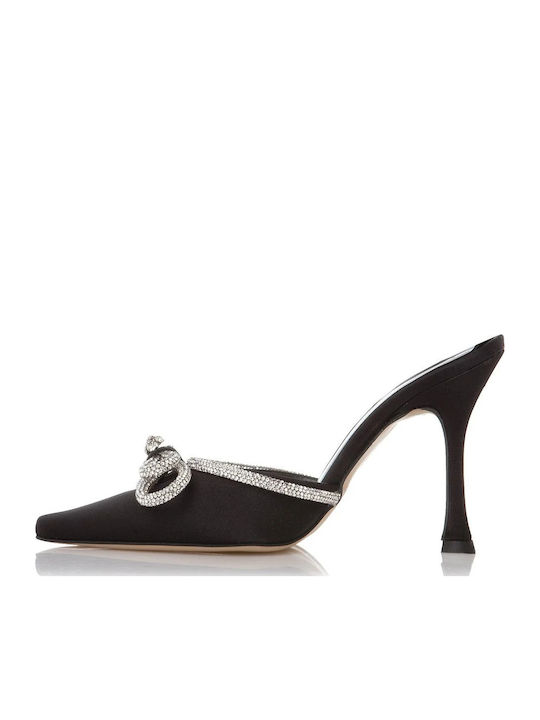 Satin Mules with Thin High Heel in Black Color