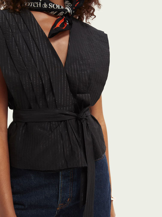 Women's Summer Blouse Cotton Sleeveless with V Neckline Black
