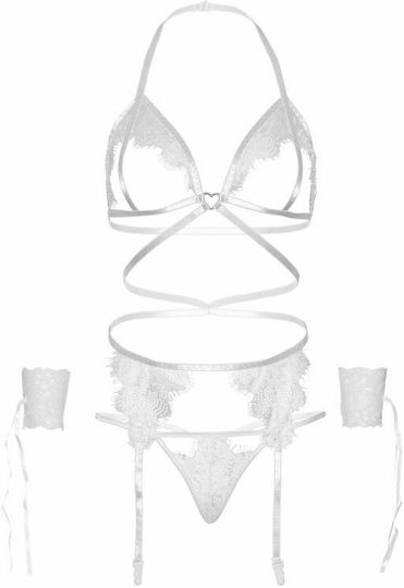 Leg Avenue Set Bra, G-string, Garter Belt & Wrist Cuffs White