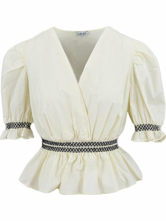 Women's Summer Blouse Cotton Short Sleeve with V Neckline White
