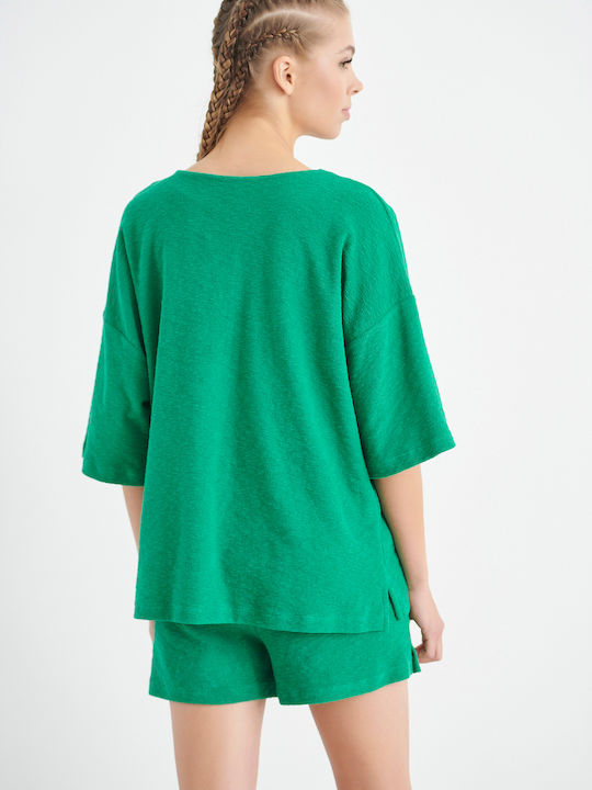 SugarFree Women's Summer Blouse Cotton with 3/4 Sleeve & V Neckline Green