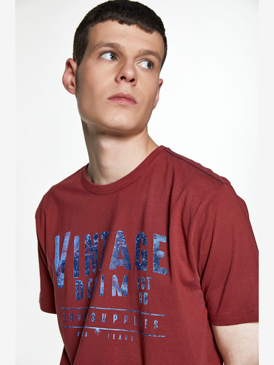 Replica T-shirt with Vintage Denim Print - Bordeaux