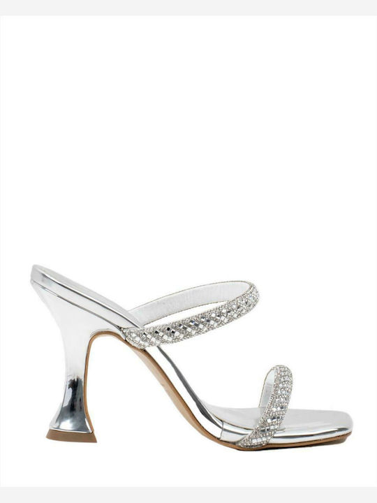 Leather Women's Sandals with Thin High Heel In Silver Colour