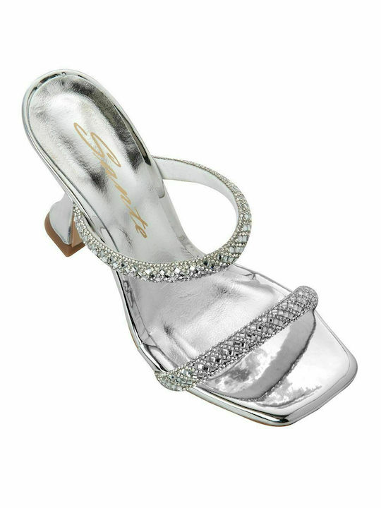 Leather Women's Sandals with Thin High Heel In Silver Colour