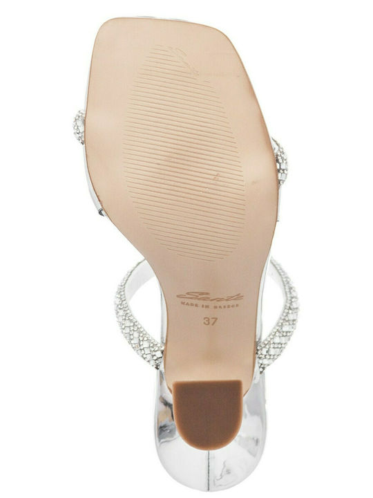 Leather Women's Sandals with Thin High Heel In Silver Colour