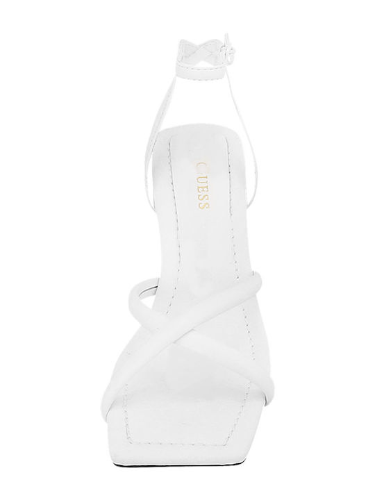 Leather Women's Sandals with Ankle Strap White with Thin High Heel