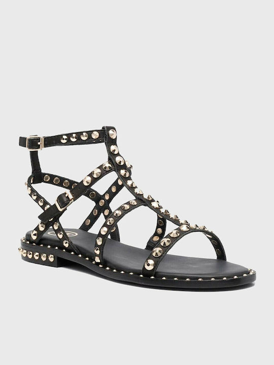 Precious Leather Women's Flat Sandals in Black Color