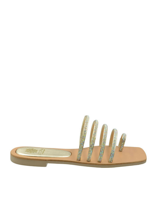 Leather Women's Flat Sandals in Gold Color