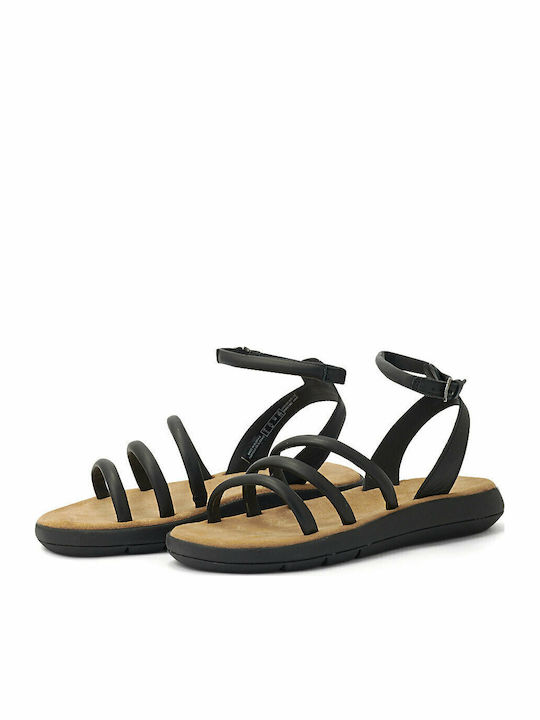Jemsa Leather Women's Flat Sandals with Strap in Black Color