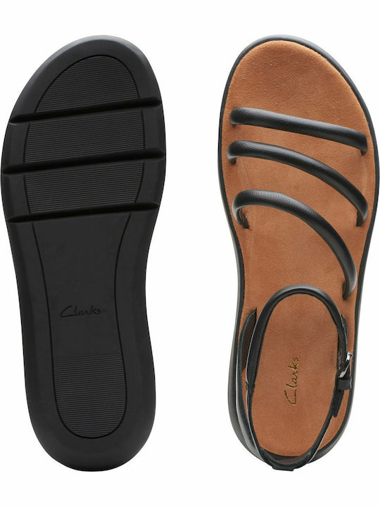 Jemsa Leather Women's Flat Sandals with Strap in Black Color