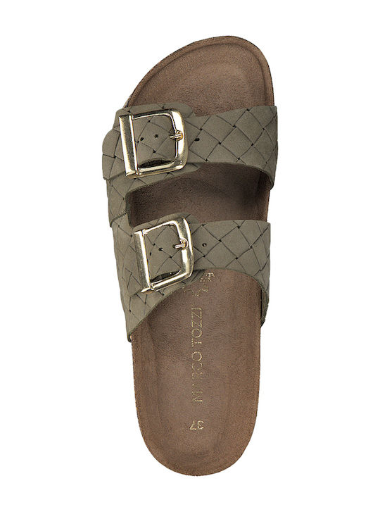 Leder Flache Sandalen für Damen in Khaki Farbe