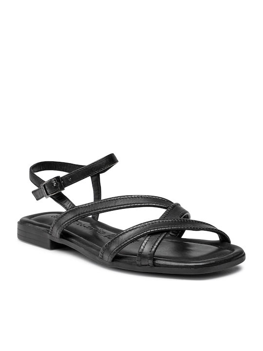 Leather Women's Flat Sandals with Strap in Black Color