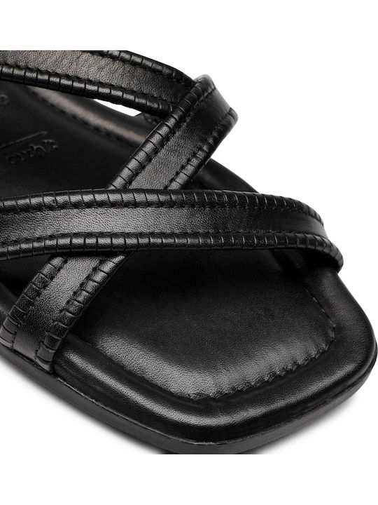 Leather Women's Flat Sandals with Strap in Black Color