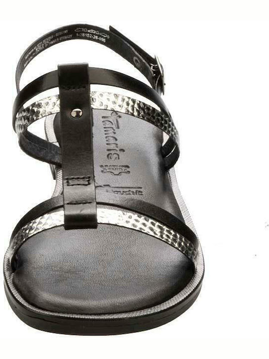 Leather Women's Flat Sandals with Strap in Black Color