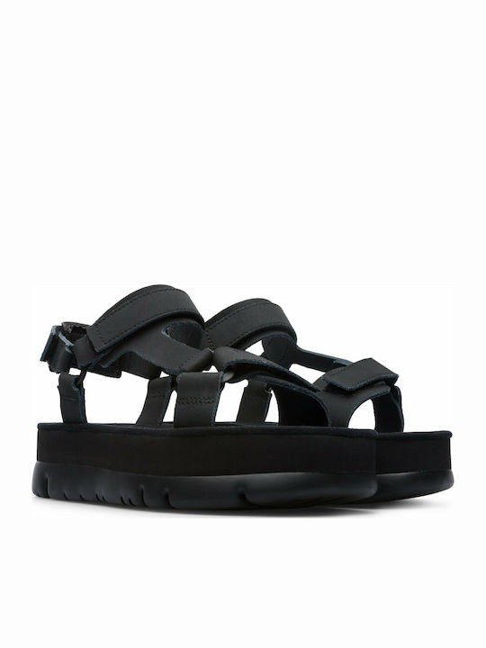 Oruga Up Leather Women's Flat Sandals Anatomic Sporty Flatforms in Black Color