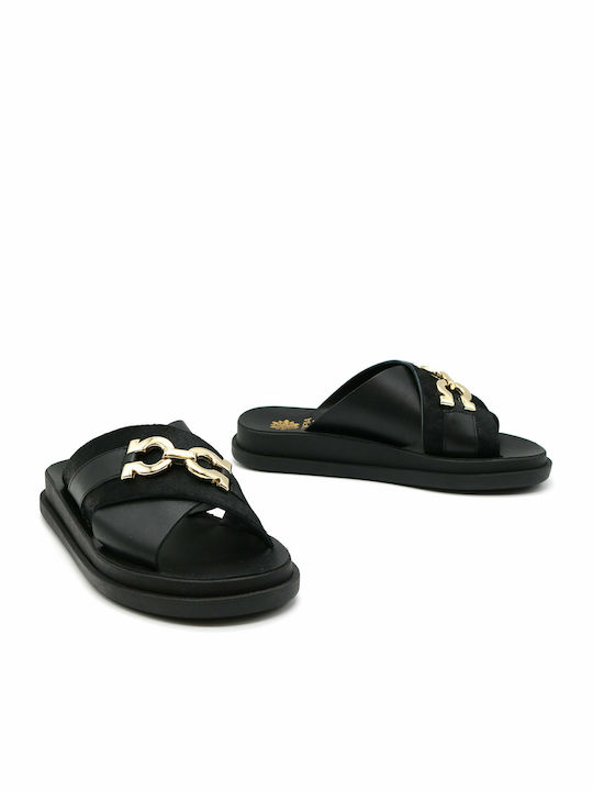 Leather Women's Flat Sandals Anatomic Flatforms in Black Color