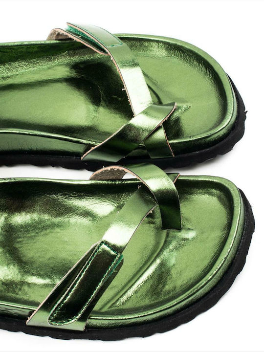 Majorca Met Leather Women's Flat Sandals in Green Color