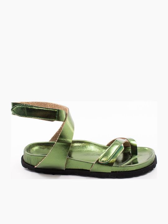 Majorca Met Leather Women's Flat Sandals in Green Color