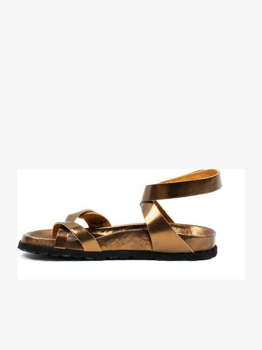 Majorca Met Leather Women's Flat Sandals with Strap in Brown Color