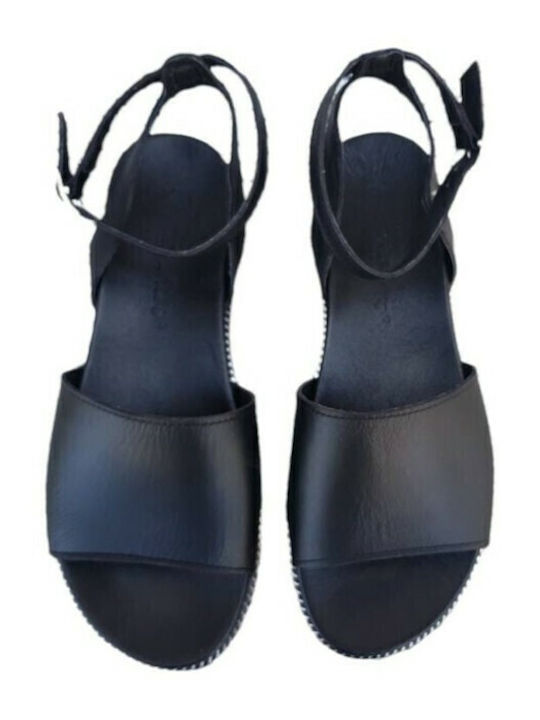 Leather Women's Flat Sandals Anatomic with Strap in Black Color
