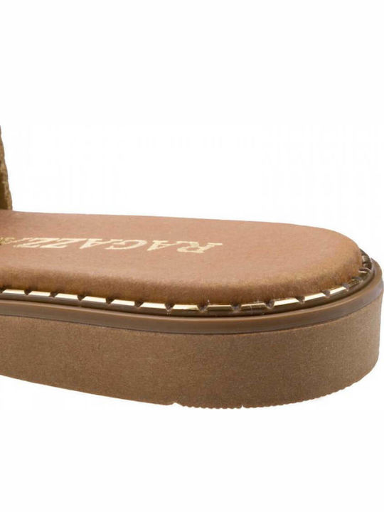 Leather Women's Flat Sandals in Gold Color