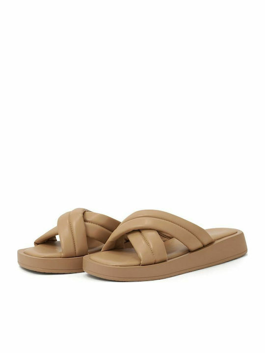 Leather Women's Flat Sandals Flatforms in Beige Color