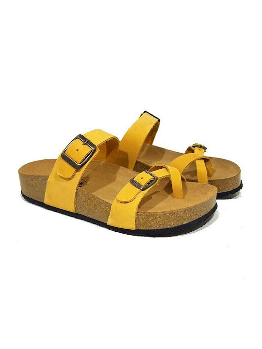 Leather Women's Flat Sandals Anatomic Flatforms in Yellow Color