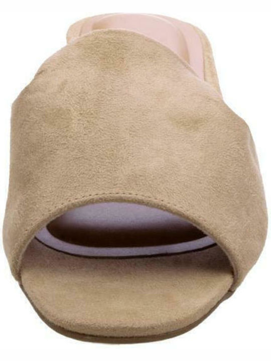 6426-100 Suede Mules with Chunky Low Heel in Beige Color