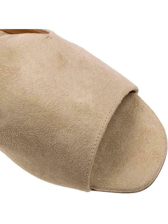6426-100 Suede Mules with Chunky Low Heel in Beige Color