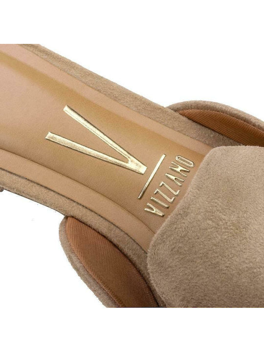 6426-100 Suede Mules with Chunky Low Heel in Beige Color