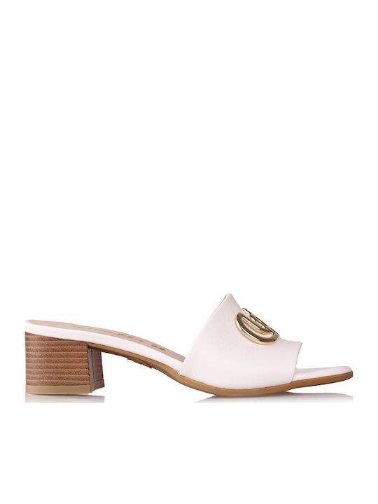 Leder Mules mit Chunky Niedrig Absatz in Weiß Farbe